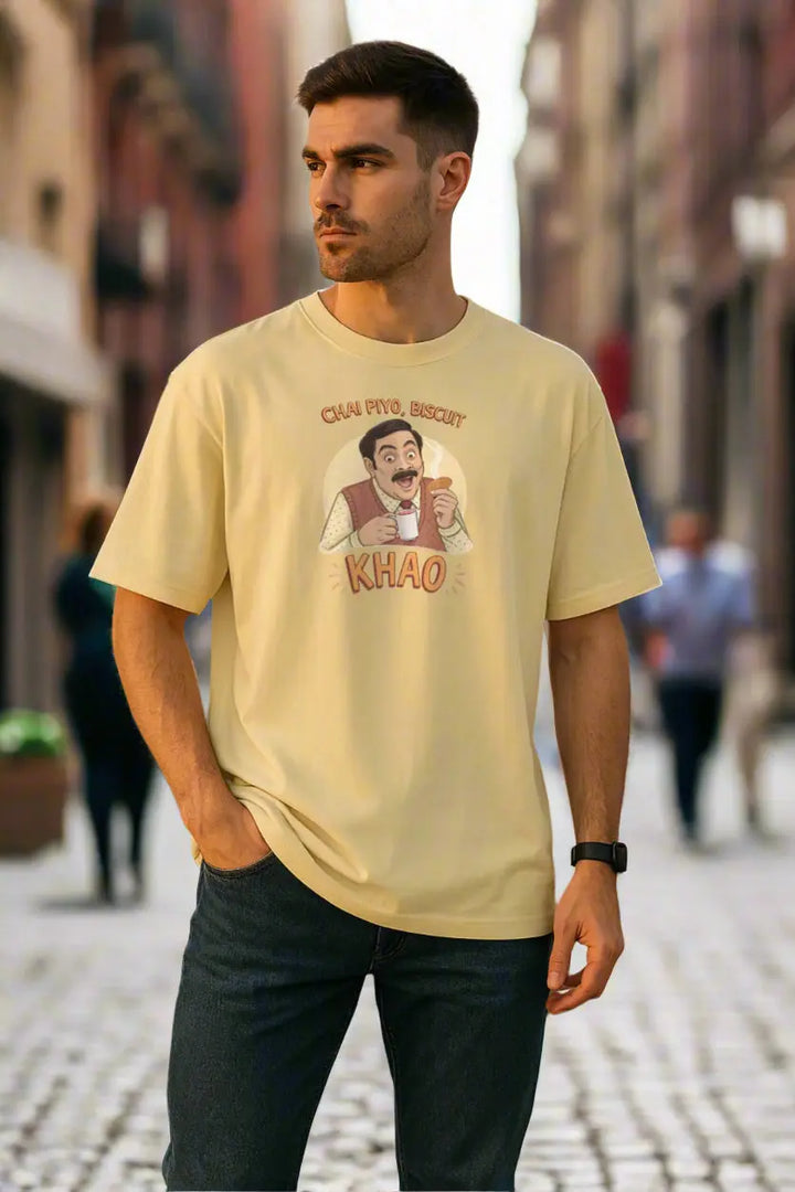 Men's Printed Oversized T-Shirt | Chai Piyo - Biscuit Khaao - ELUXICA